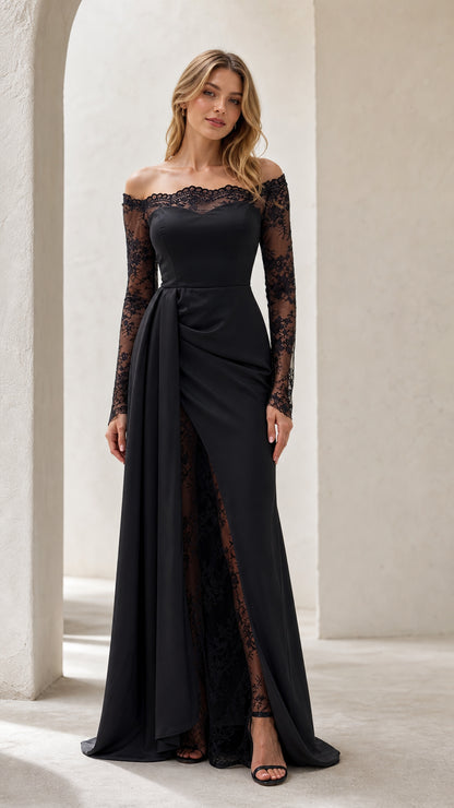 Front full view of black off-the-shoulder long sleeve lace evening gown with draped front slit