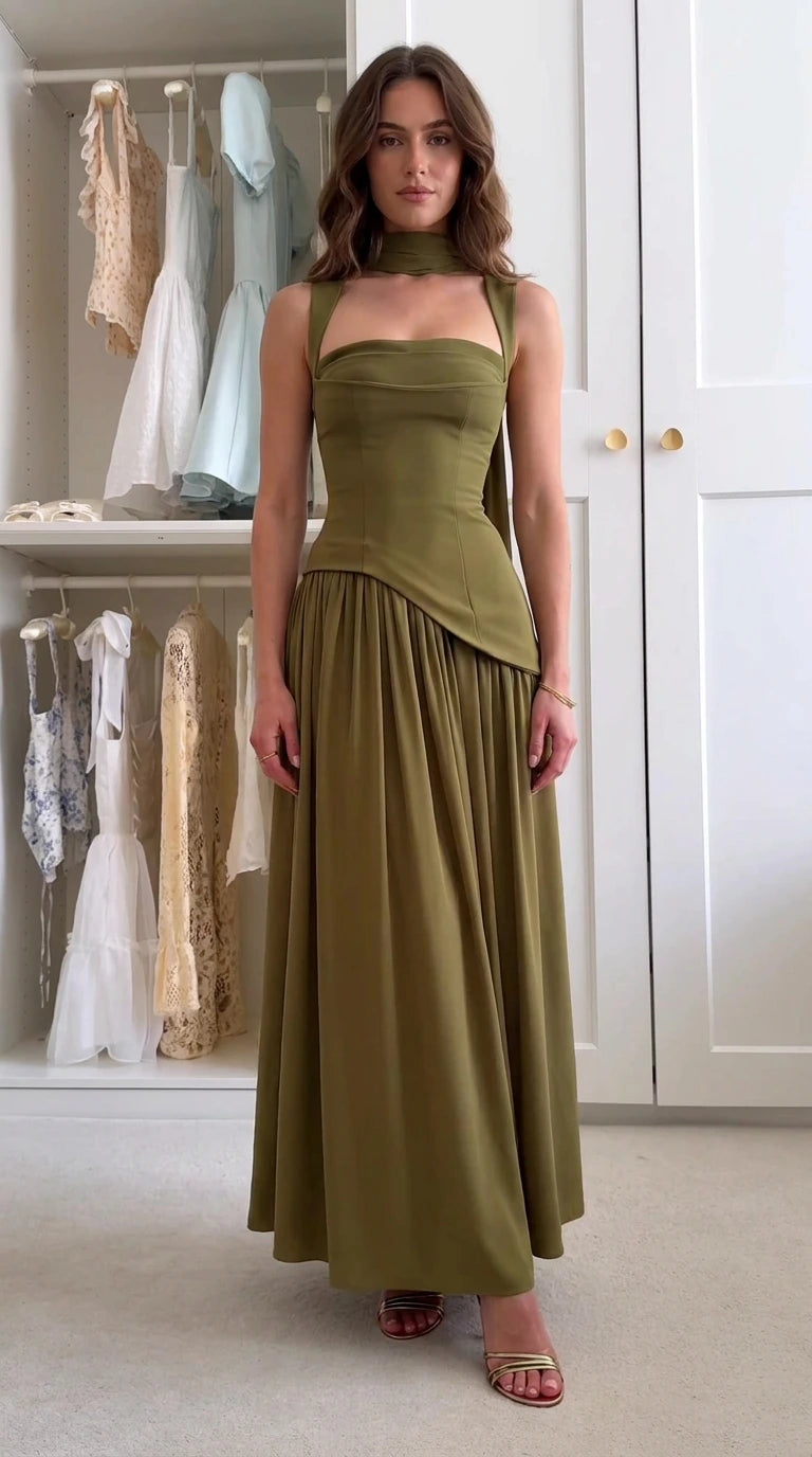 Front view of olive green corset drop waist maxi dress with matching neck scarf