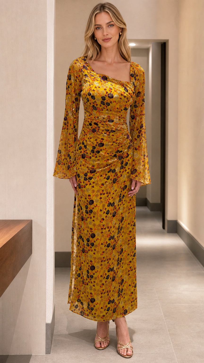 Mustard yellow floral long sleeve ruched maxi dress front view