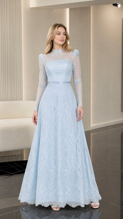 Front view of light blue lace long sleeve mock neck evening gown