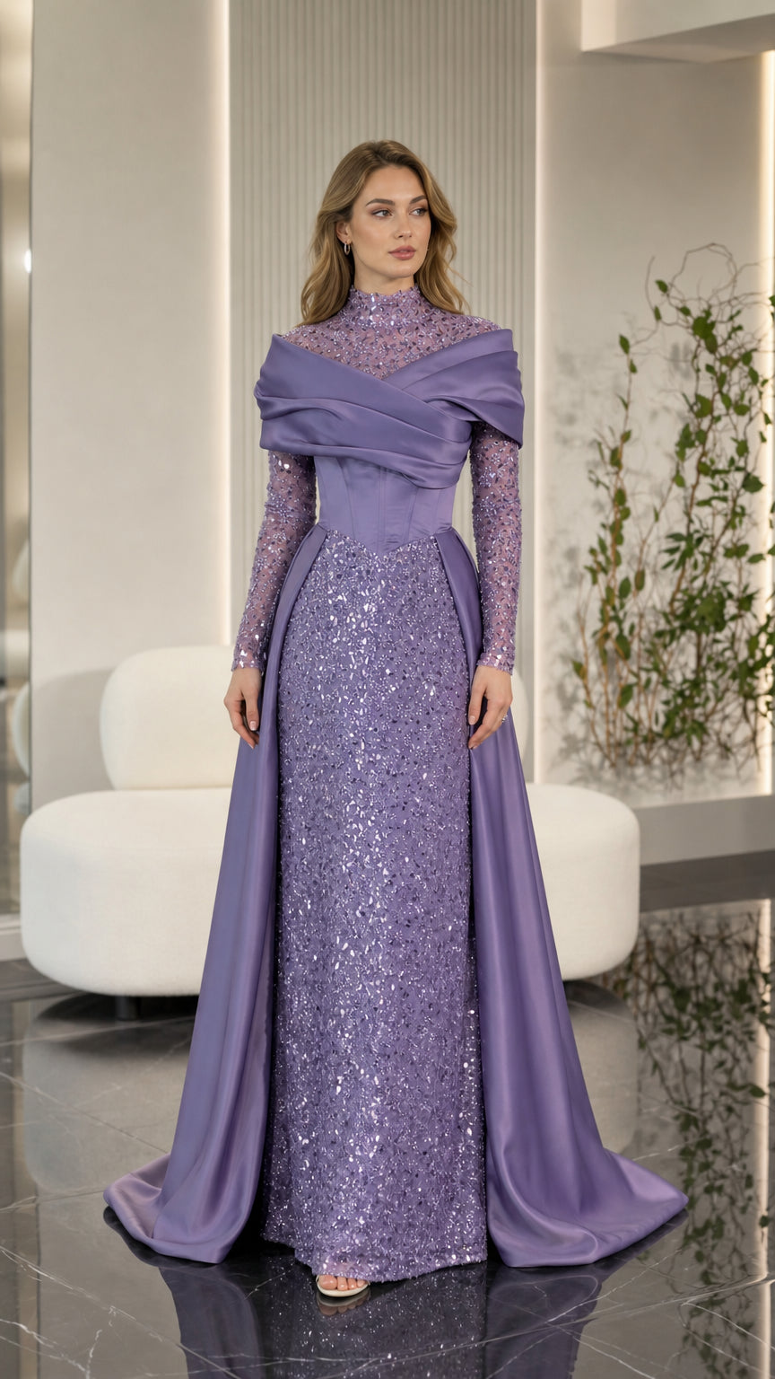 Front view of model wearing lavender high neck sequin evening gown with draped satin bodice and overskirt