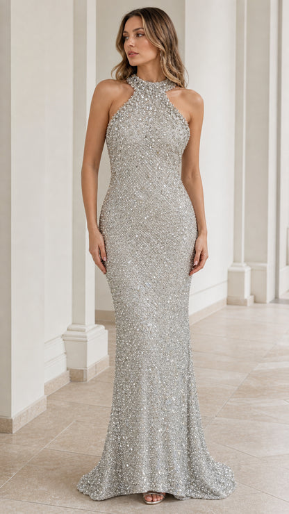 Silver rhinestone halter neck sequin mermaid evening dress front view