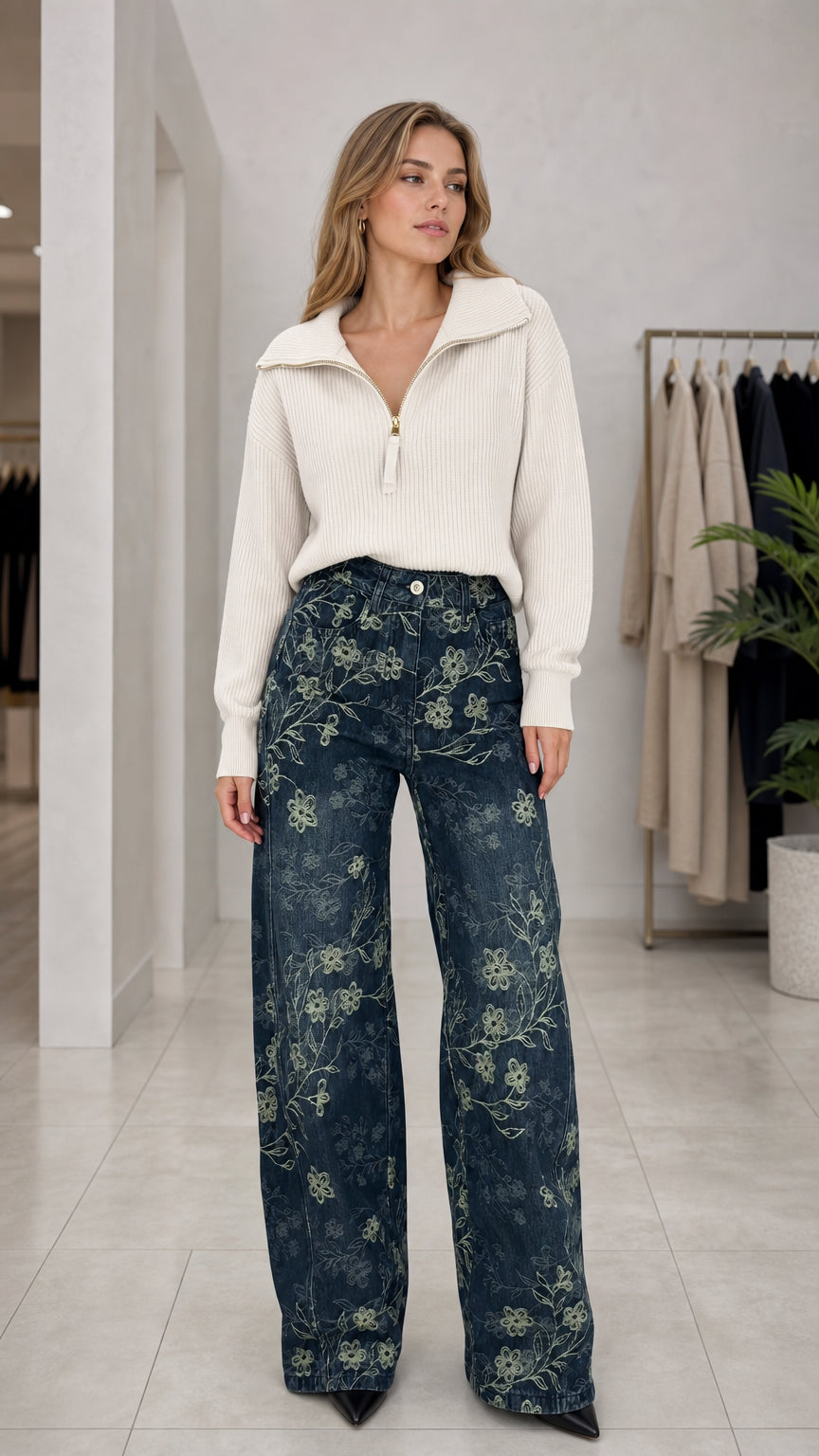 Front full view of woman wearing Denim Blue floral embroidered wide leg pants and white knit sweater