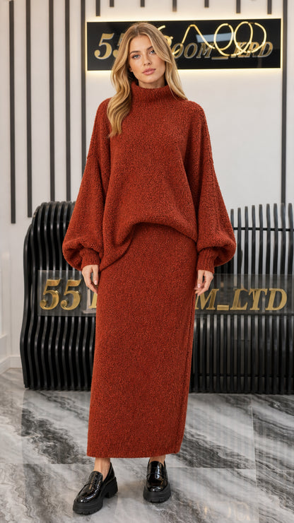 Front view of model wearing Rust knit mock neck sweater and maxi skirt set