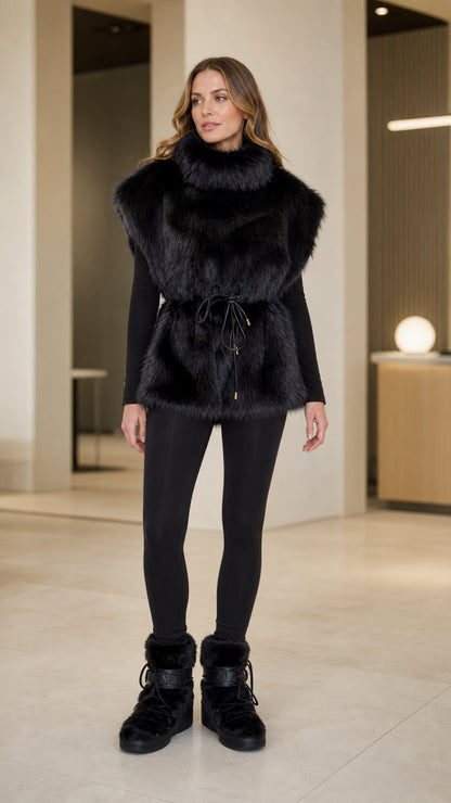 Front full-length view of model wearing black high-neck plush faux fur vest with cinched waist