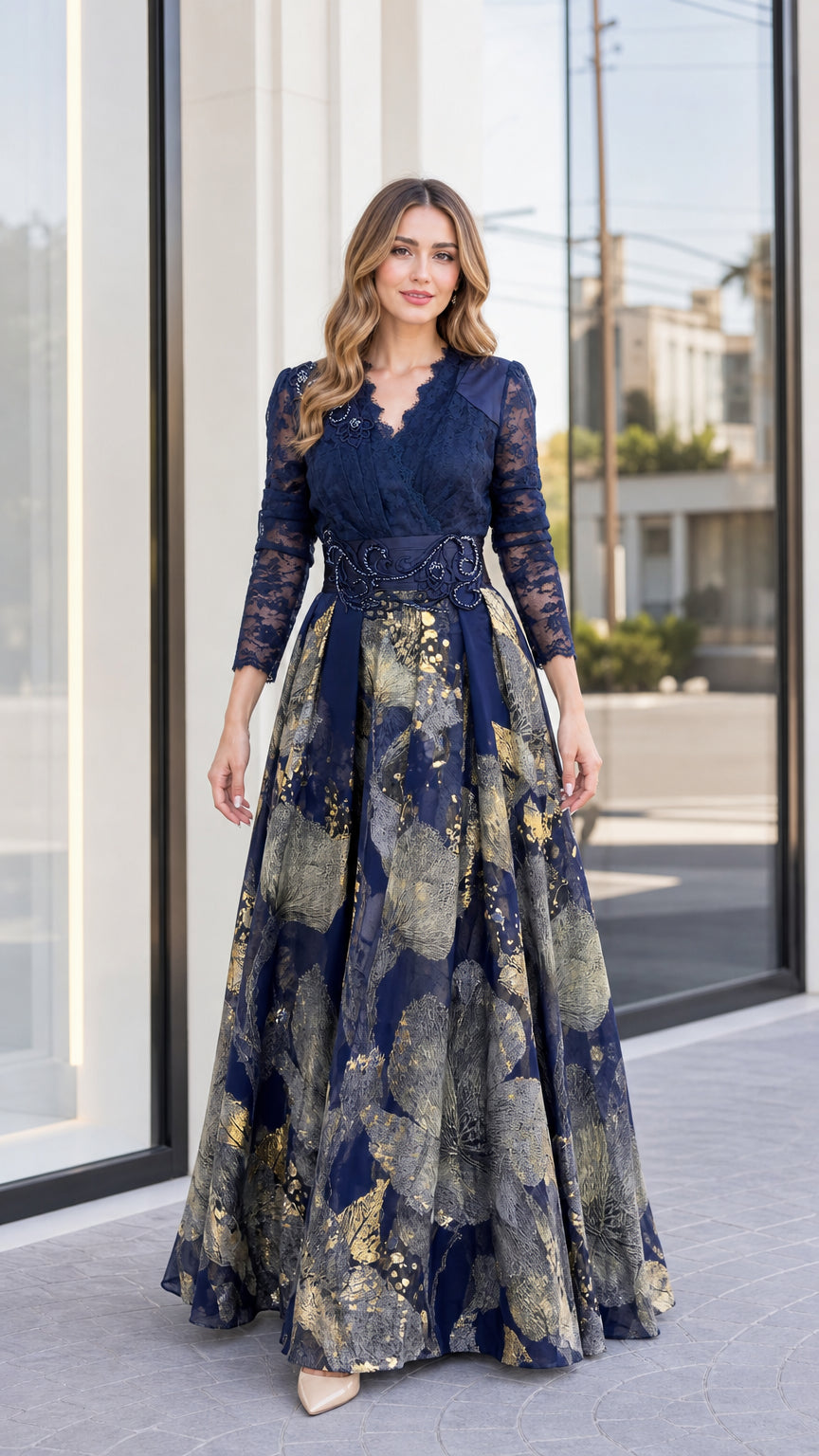 Navy blue lace and metallic gold jacquard floor length evening gown front view