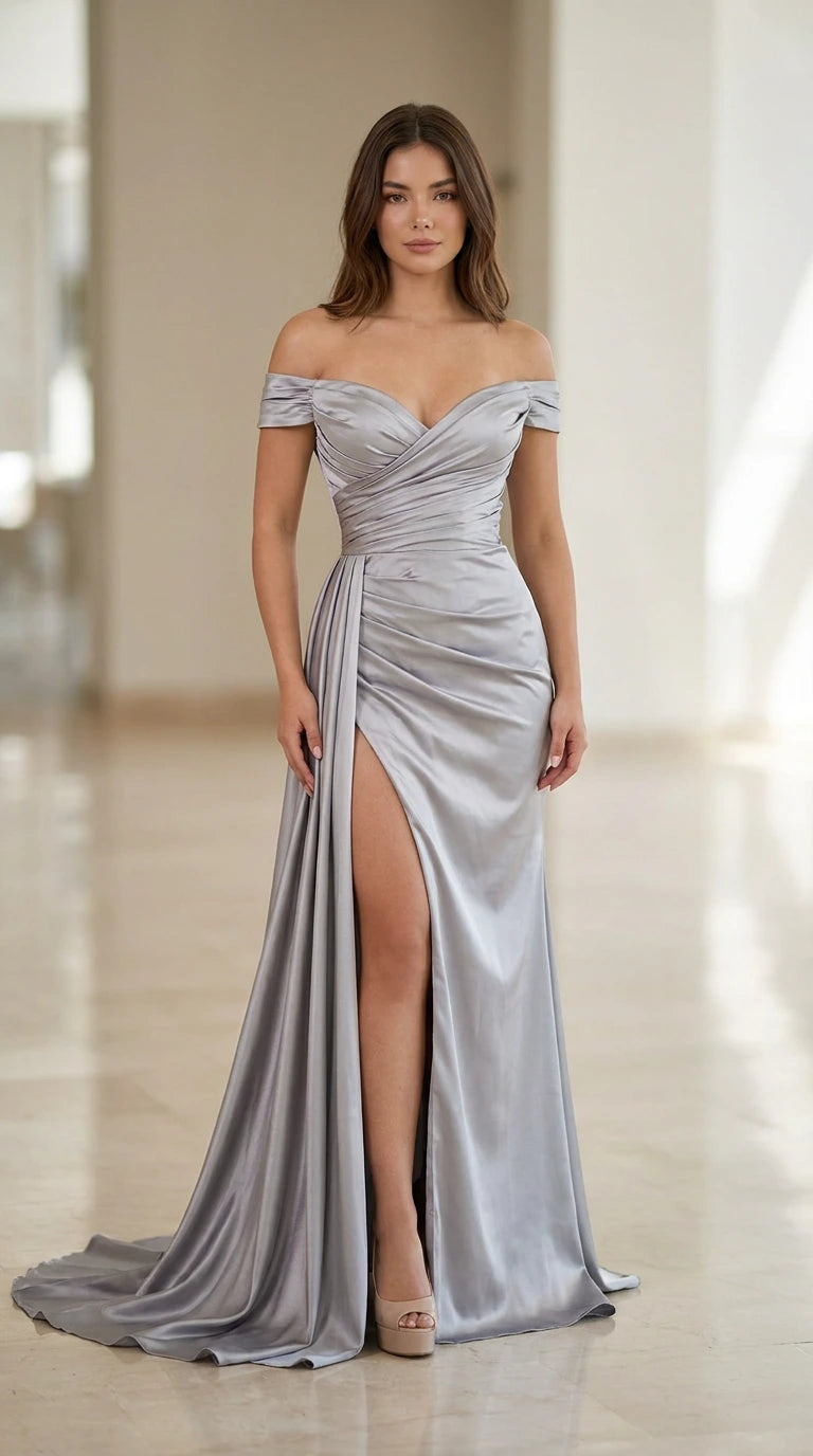 Front full view of woman wearing silver off-the-shoulder satin evening gown with high leg slit