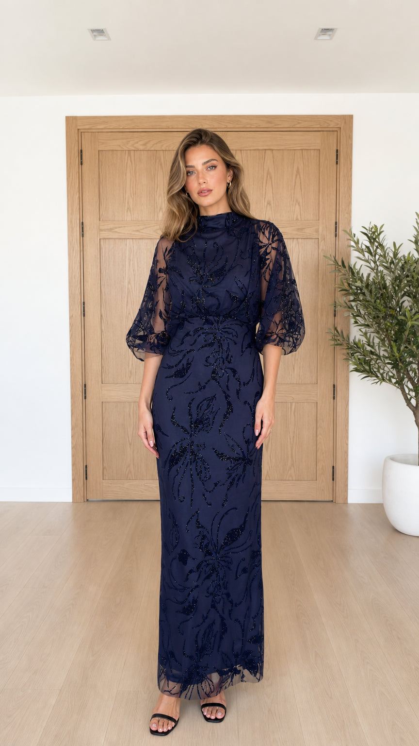 Navy blue high neck embellished mesh maxi dress front view