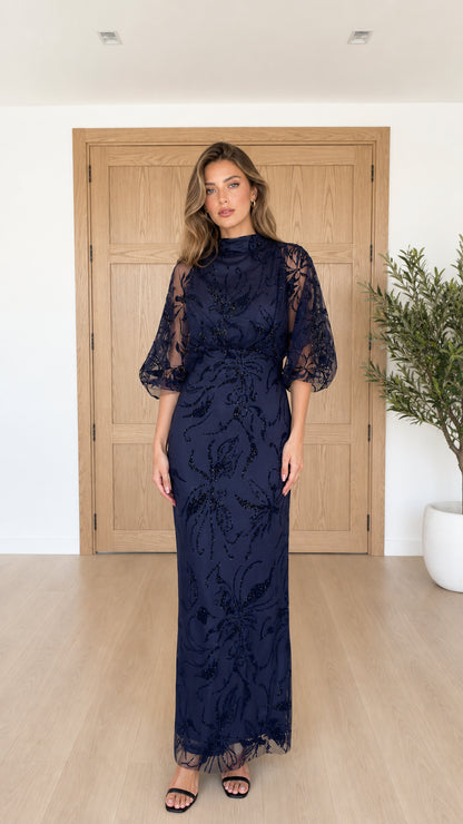 Navy blue high neck embellished mesh maxi dress front view