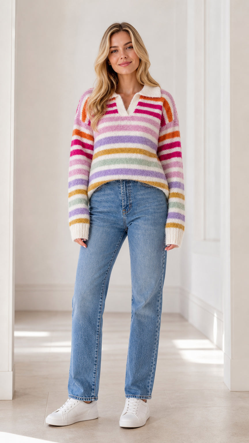 Front full view of woman wearing cream multicolor striped polo sweater with blue jeans