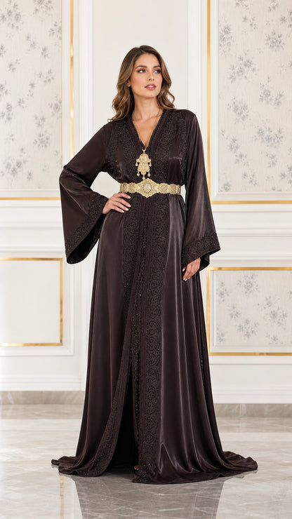 Full front view of dark brown satin caftan maxi dress with gold belt and embroidery