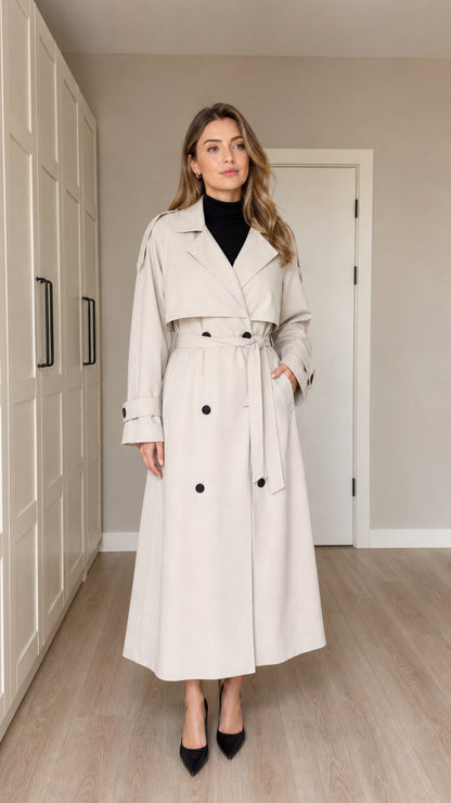 Front full-length view of woman wearing Cream double-breasted maxi trench coat with belt