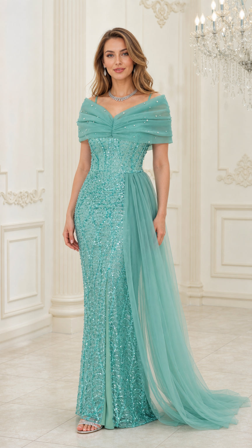 Front view of woman wearing aqua green off-the-shoulder sequin gown with side tulle train