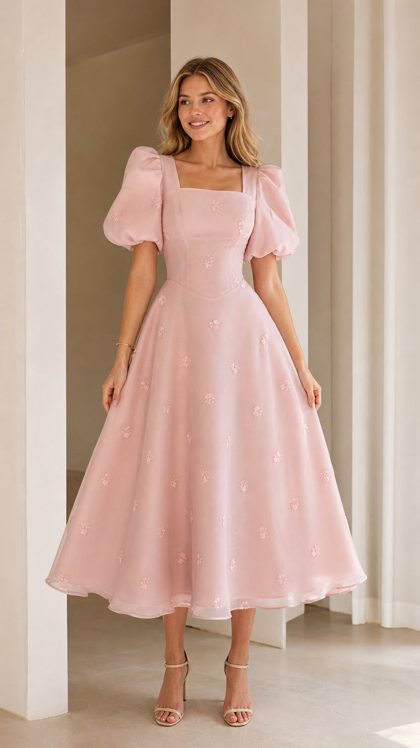 Blush pink square neck puff sleeve embroidered midi dress front view