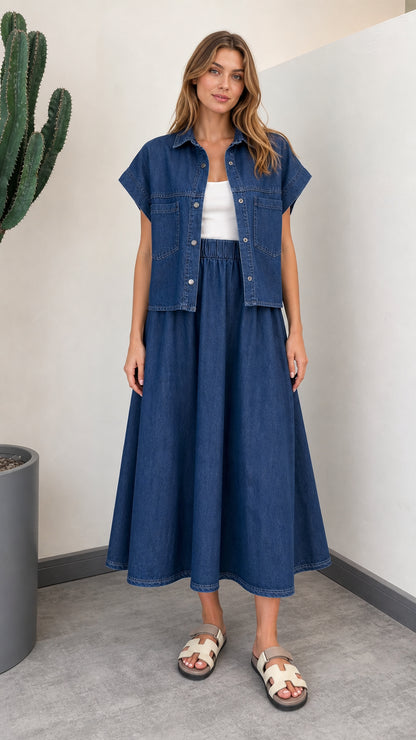 Women's Denim Blue short sleeve button-up shirt and midi skirt two-piece set front view