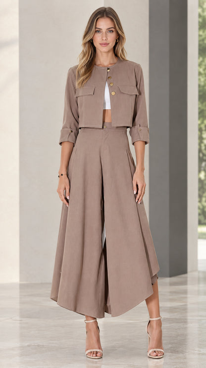 Front view of model wearing taupe cropped jacket and wide-leg pant set