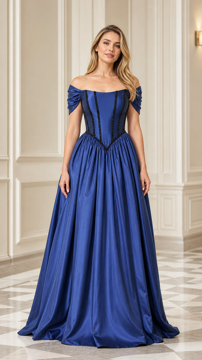 Royal Blue off-the-shoulder corset satin ball gown front view