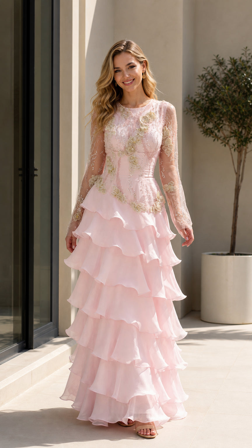 Front view of model wearing Blush Pink floral sequin embroidered long sleeve tiered ruffle evening gown