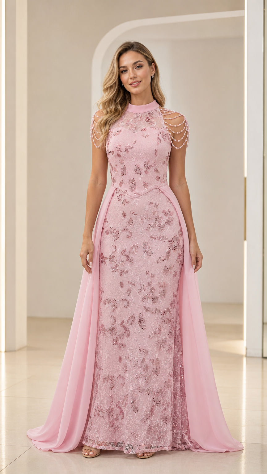 Pink high neck lace evening gown with draped pearl beaded shoulders and chiffon overskirt front view