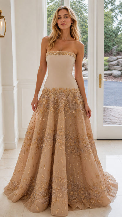 Model wearing Champagne strapless floral beaded evening gown front view