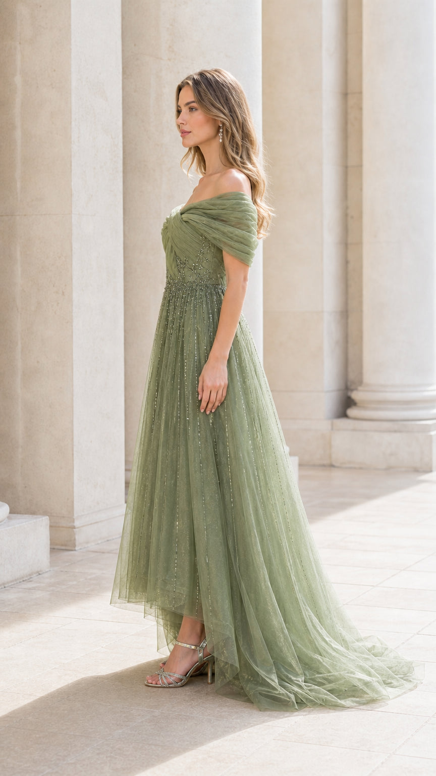 Sage green high-low formal tulle dress side profile view