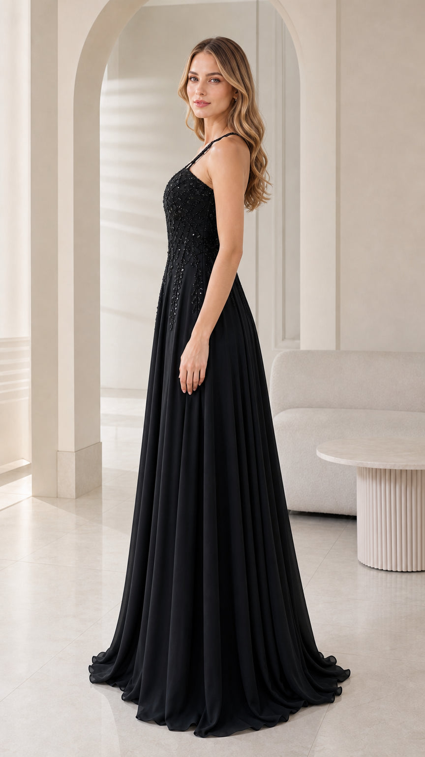 Side profile of woman in black one-shoulder formal dress