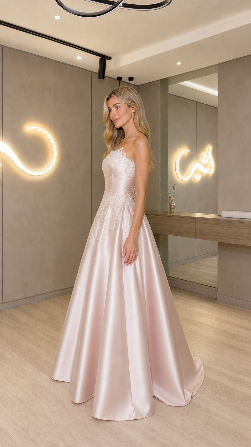 Side profile of Blush Pink strapless satin evening gown showing skirt drape
