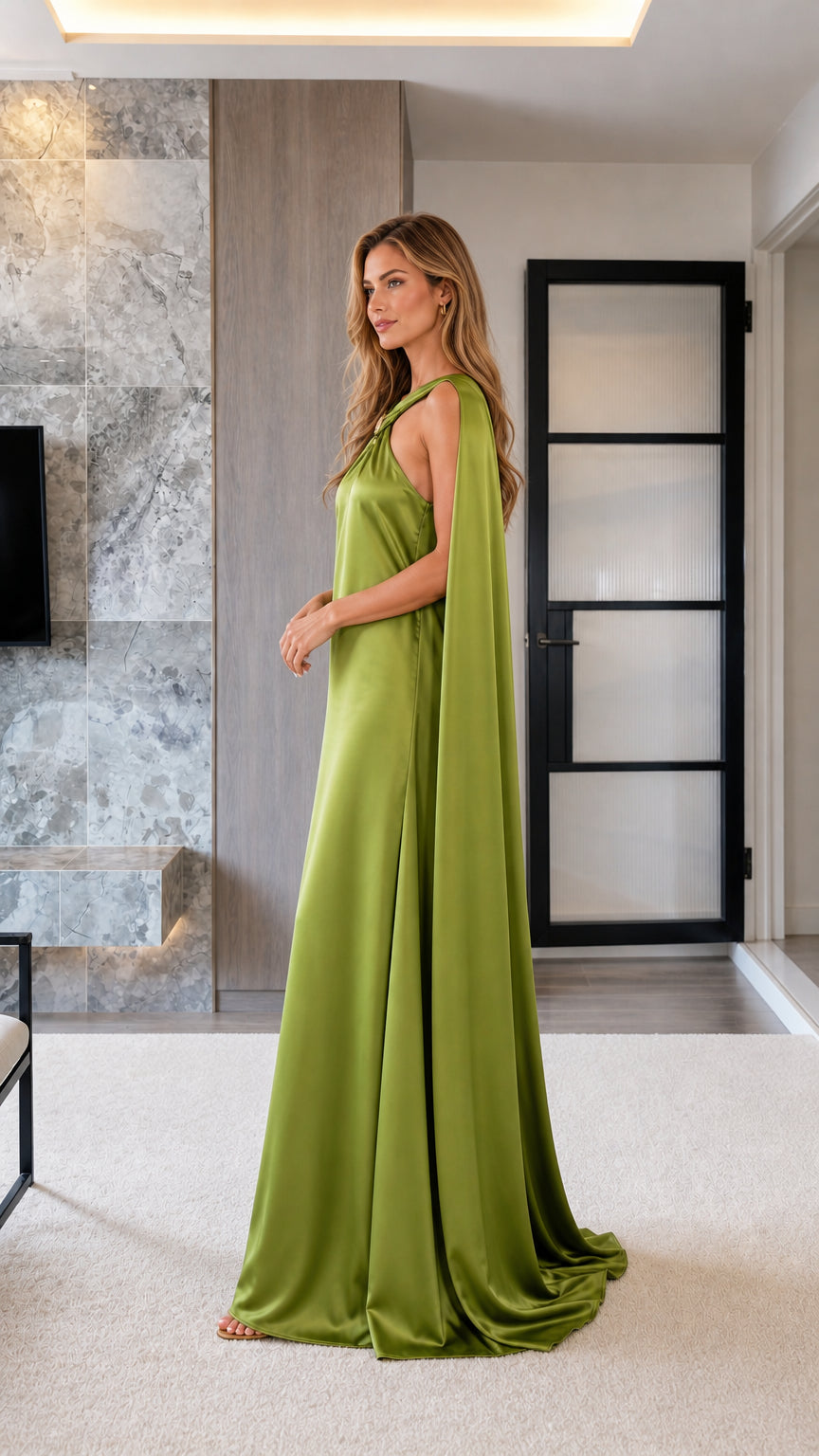 Side profile of model in olive green satin floor length cape dress