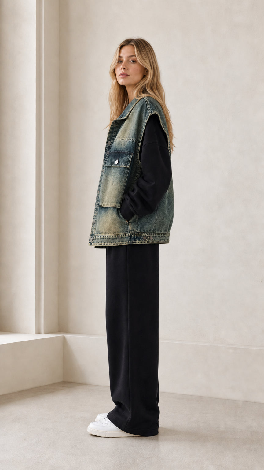 Side profile view of woman wearing vintage blue denim sleeveless vest jacket