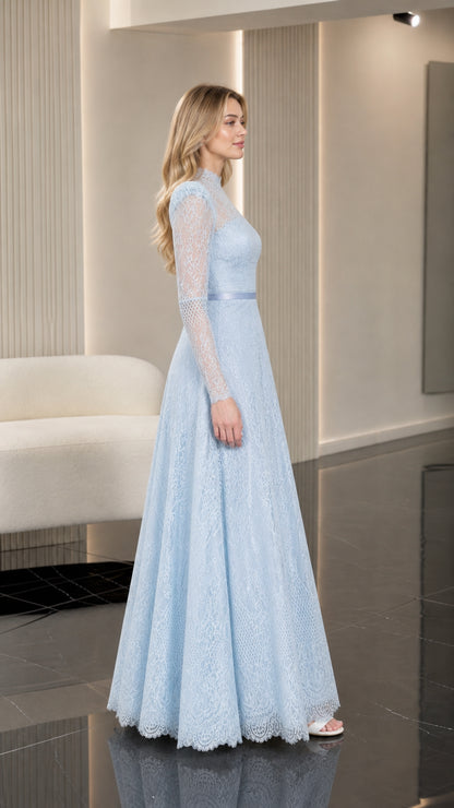 Side profile of woman wearing light blue long lace formal dress