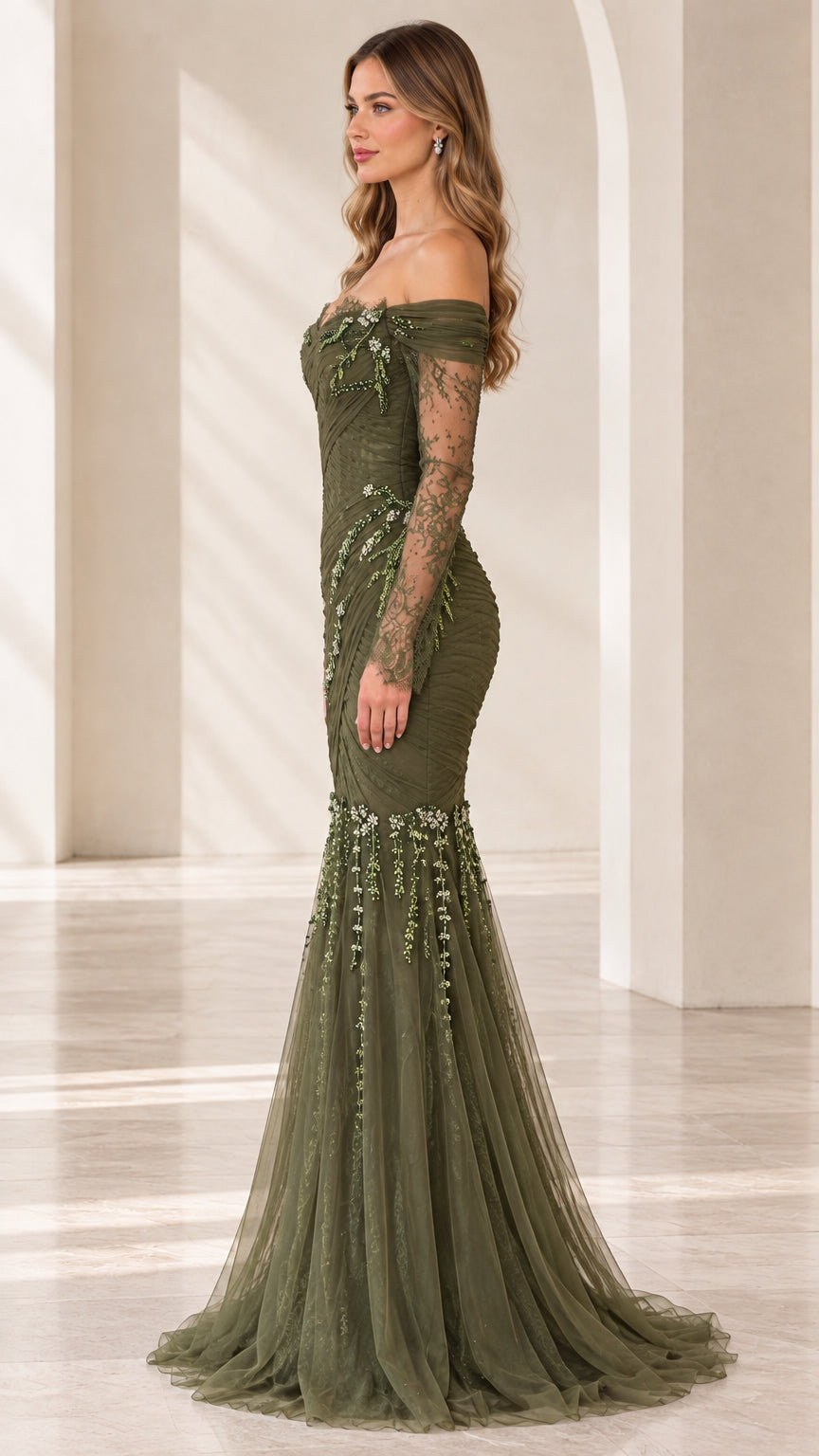 Side angle of model in long sleeve olive green trumpet evening dress