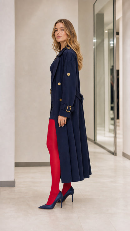 Side profile of model wearing Navy Blue maxi trench coat and heels