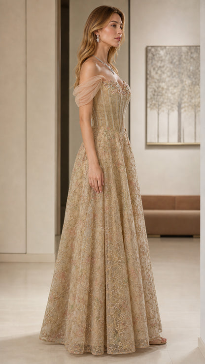 Champagne gold glitter corset formal dress side profile view