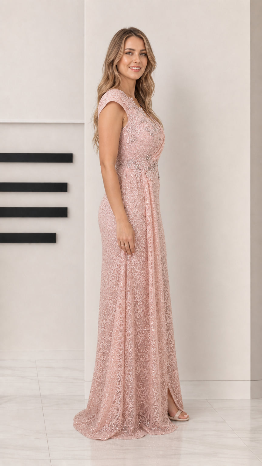 Side profile view of blush pink sequin lace floor-length formal dress