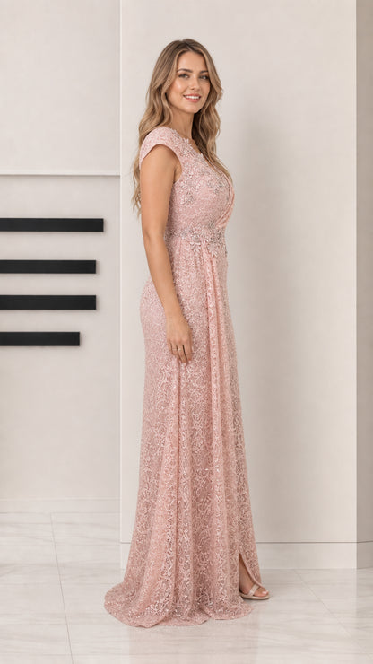 Side profile view of blush pink sequin lace floor-length formal dress