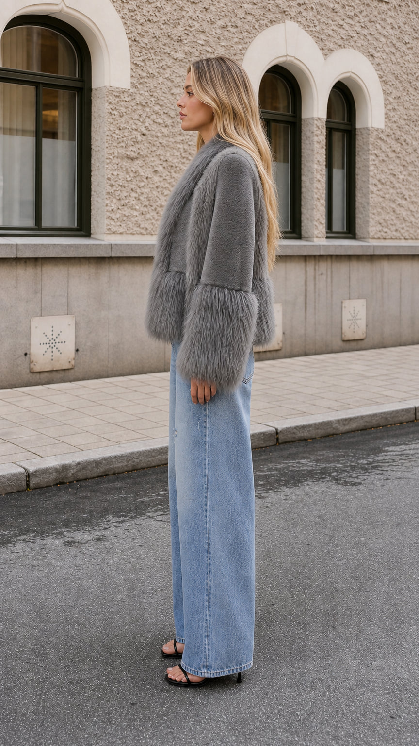 Model wearing grey faux fur trim cropped coat, side profile view