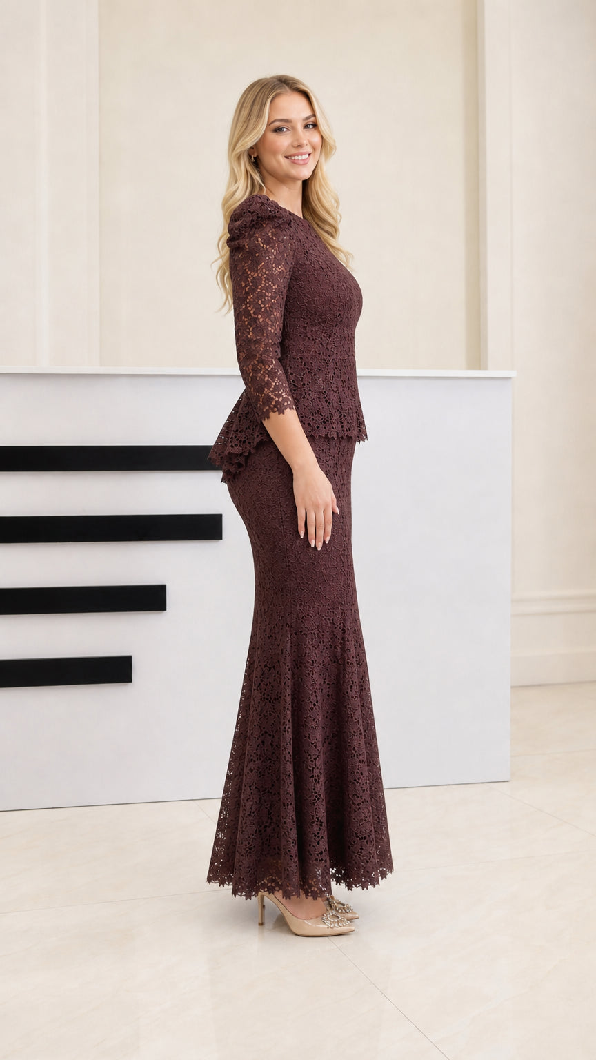 Side profile of woman in Espresso Brown lace evening gown showing peplum and mermaid skirt silhouette