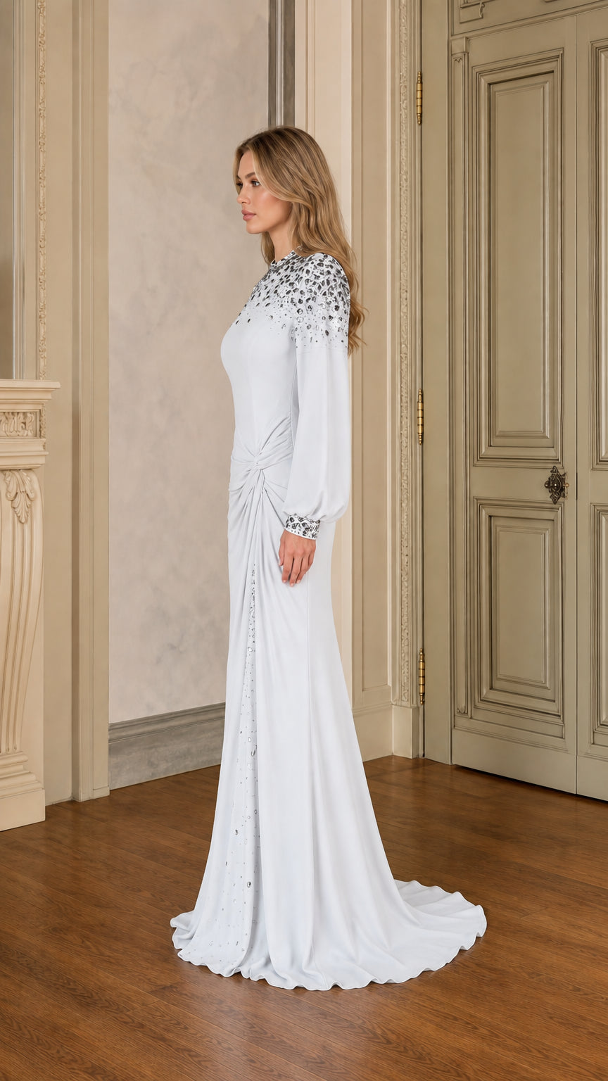 Ice Blue embellished floor-length gown side profile showing draped silhouette