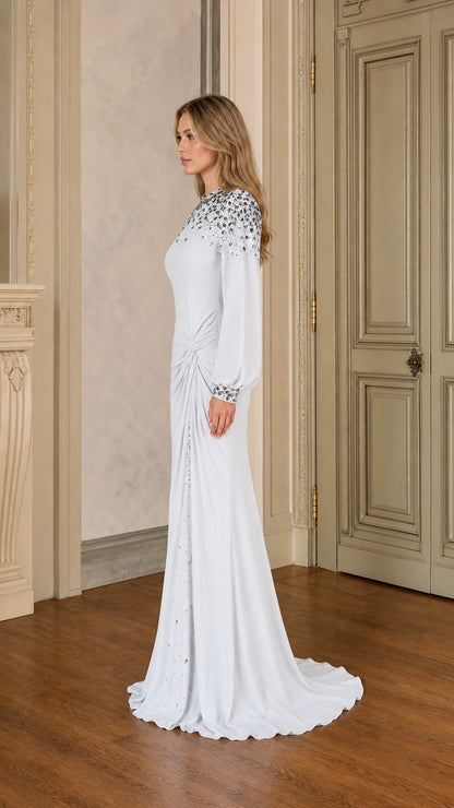 Ice Blue embellished floor-length gown side profile showing draped silhouette