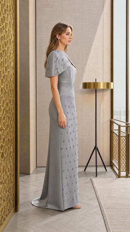 Side view of Silver Gray beaded capelet formal evening dress