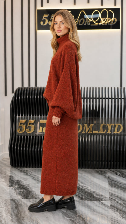Side profile of model wearing Rust two-piece sweater and maxi skirt set