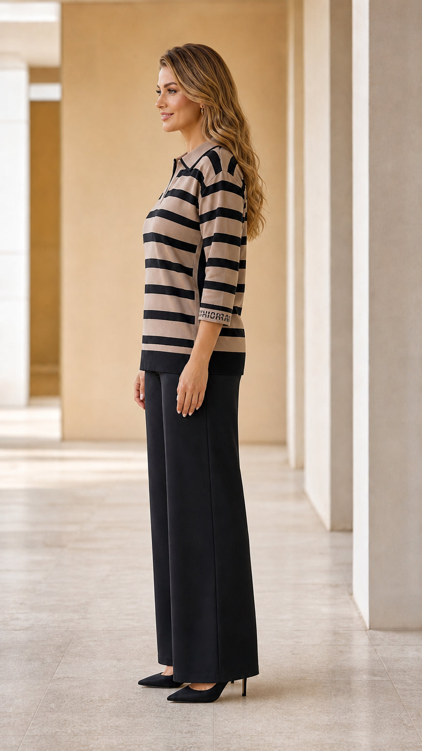 Side profile view of woman wearing Camel striped 3/4 sleeve knit polo top