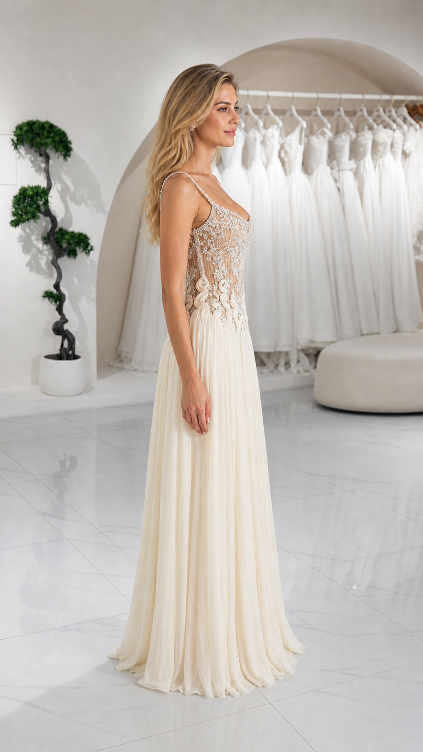 Side profile view of ivory pleated formal maxi dress with embellished top
