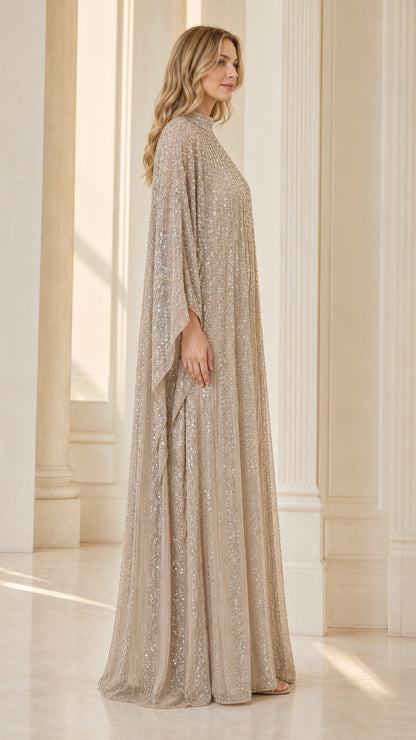 Champagne pleated sequin kaftan evening dress side profile with cape sleeves