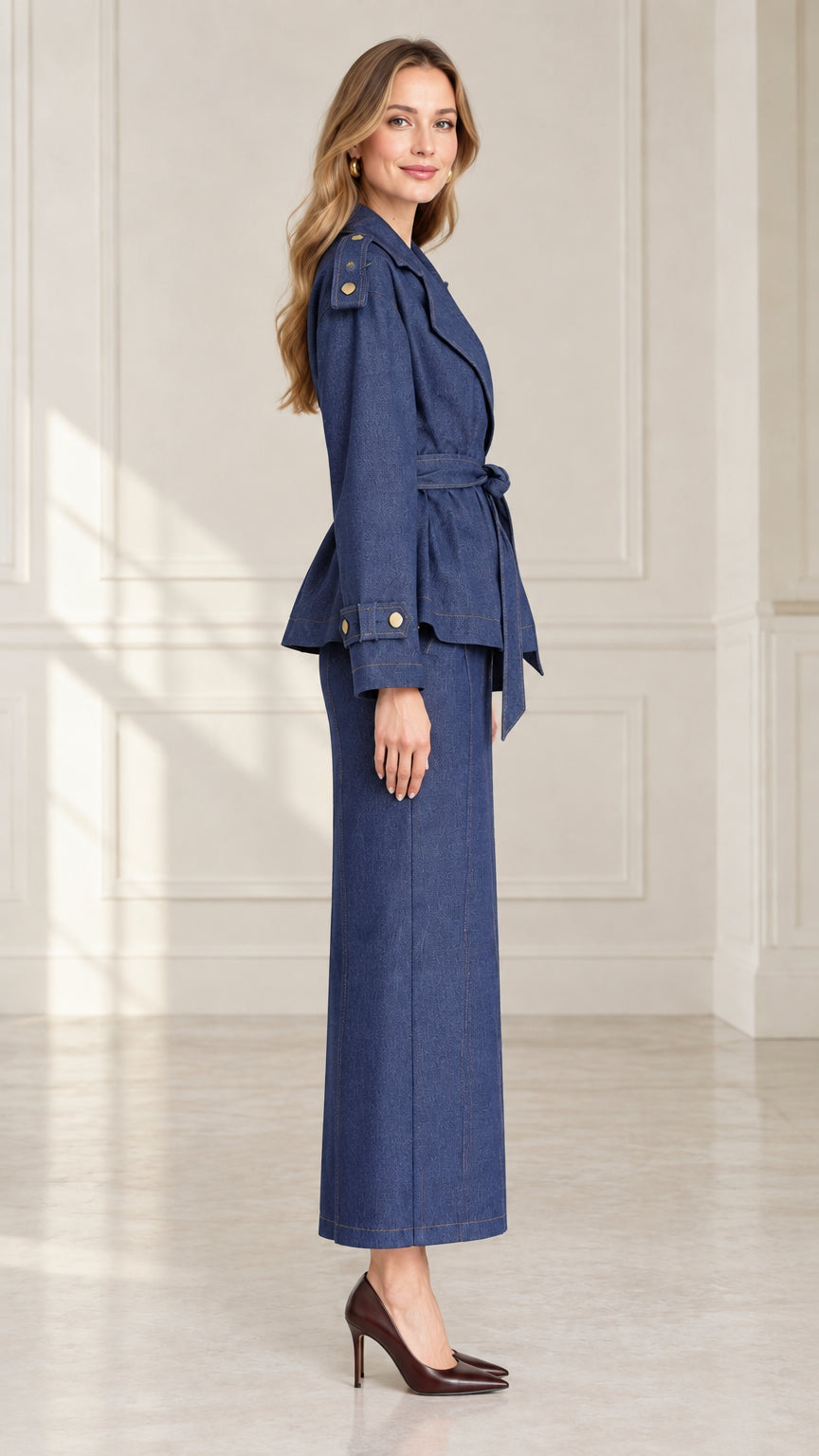 Side profile view of women wearing denim blue two-piece belted jacket and long skirt suit