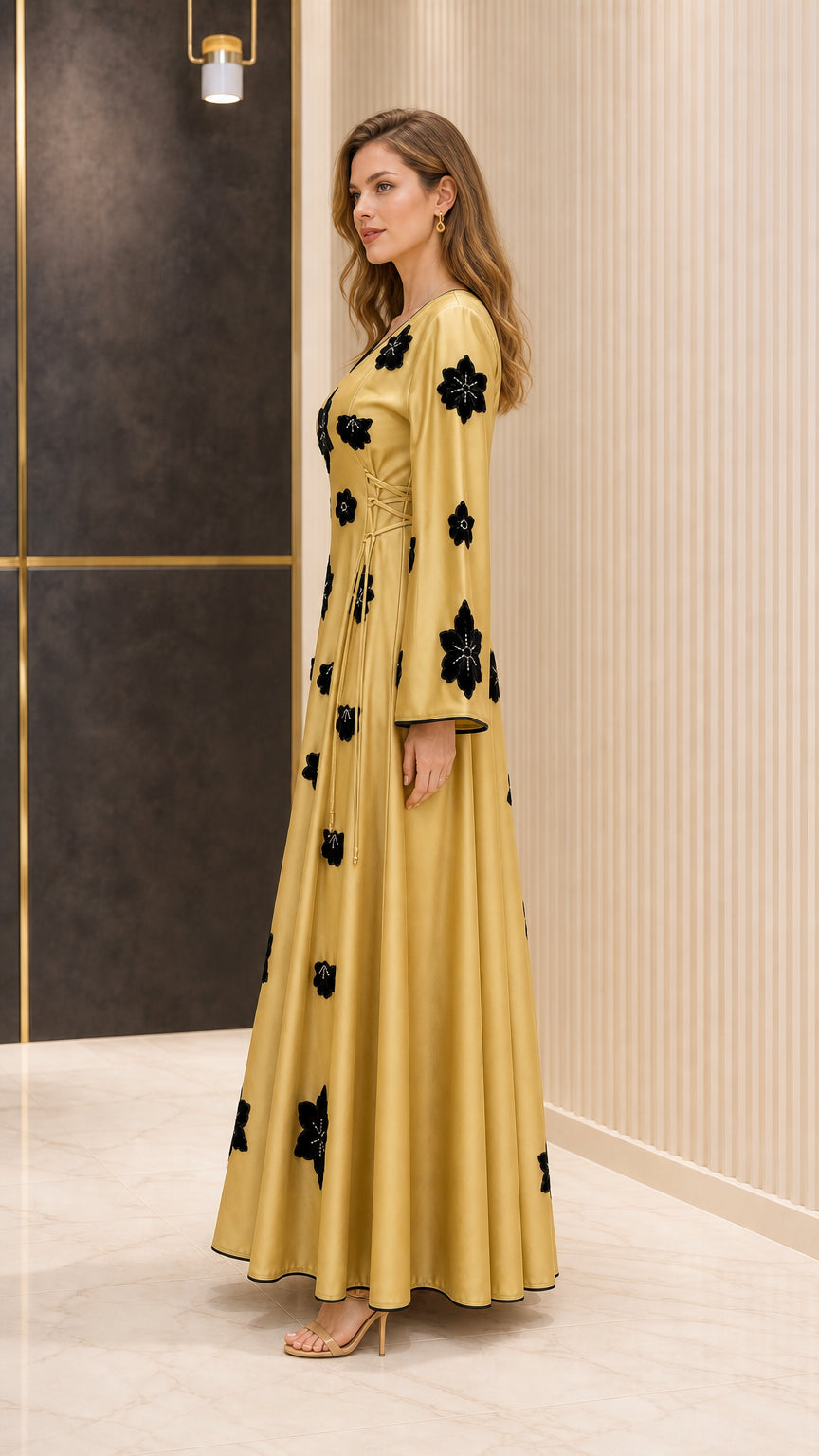 Side profile of Mustard Gold satin maxi dress showing drape and sleeve cut
