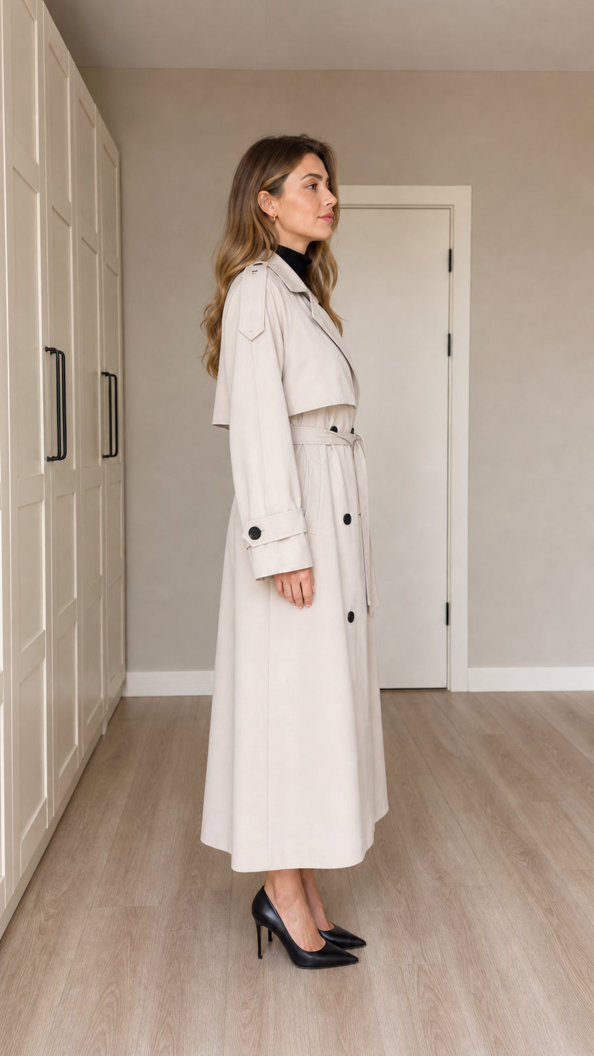 Side full-length view of woman wearing Cream double-breasted maxi trench coat