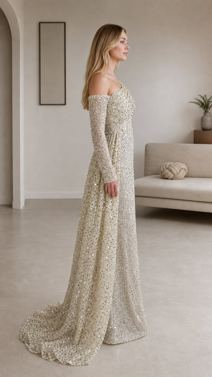 Champagne sequin formal gown three-quarter side view showing train