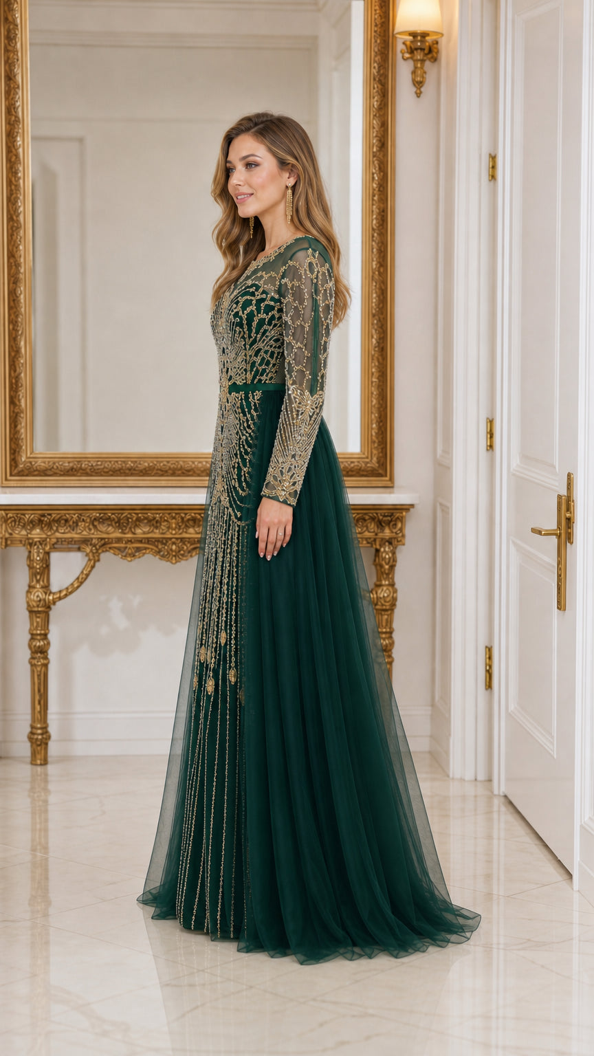 Side profile view of emerald green beaded tulle maxi dress