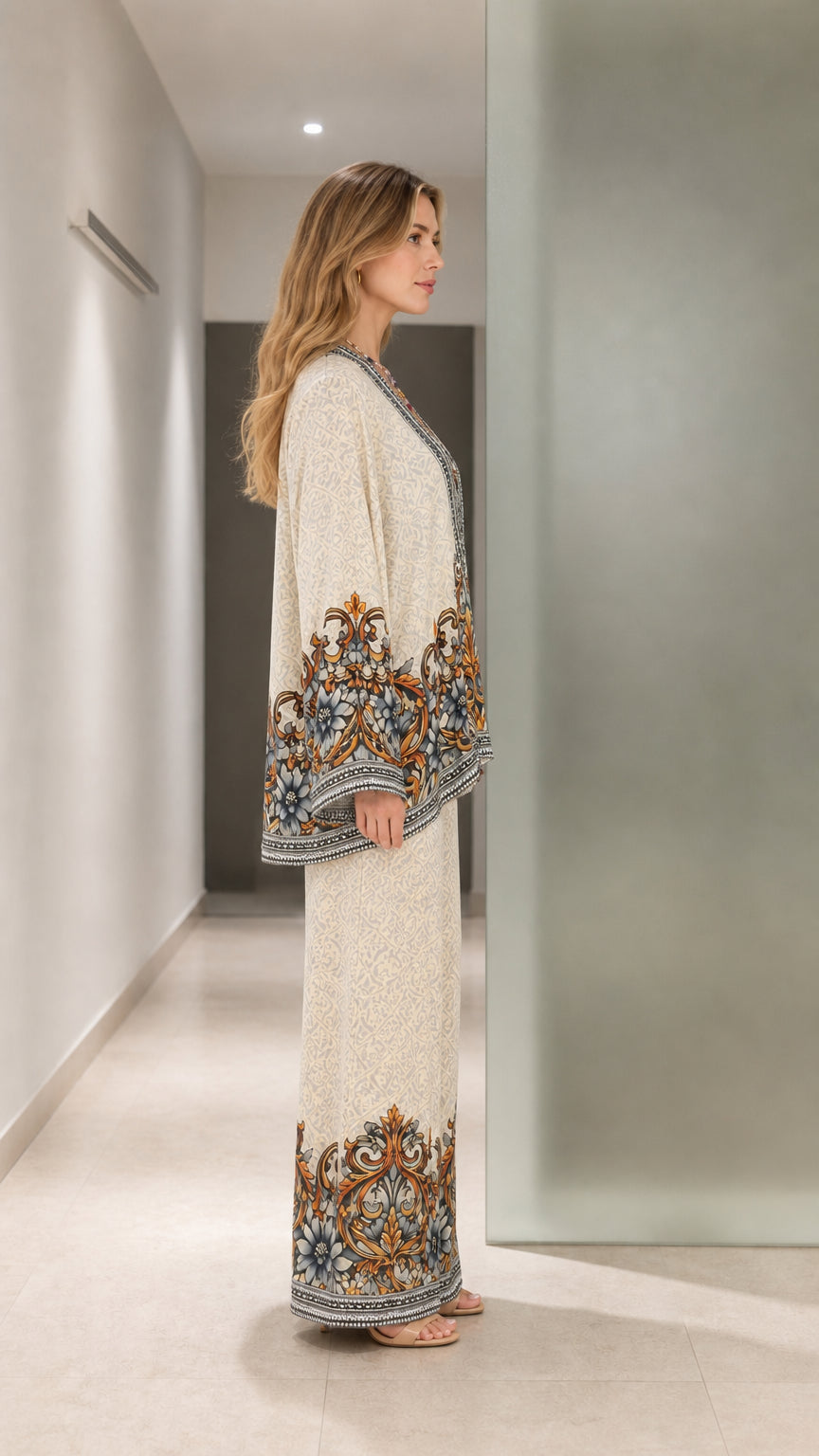 Side profile view of cream floral print two-piece tunic and wide leg trousers set
